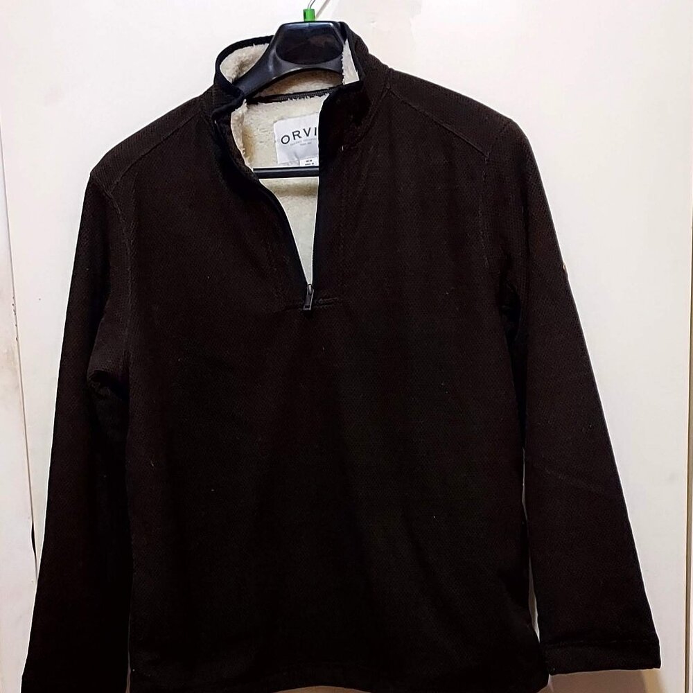 Orvis Mens Dark Brown Polo Henley Pullover.  Sz M Fleese Lined, Cotton
